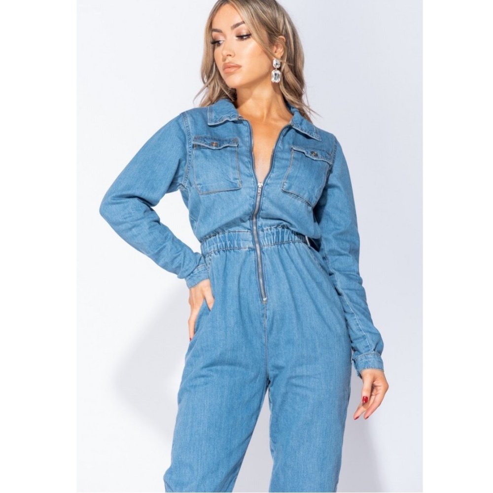 Long Sleeve Loose Denim Utility Boiler Jumpsuit - Picture 3 of 8